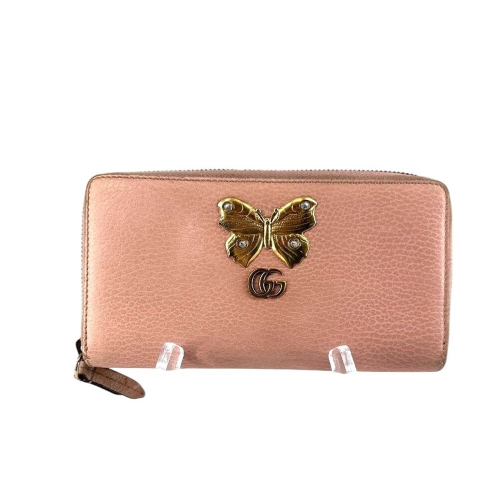GUCCI GG Marmont Butterfly Wallet Round Zip Pink Rare Used